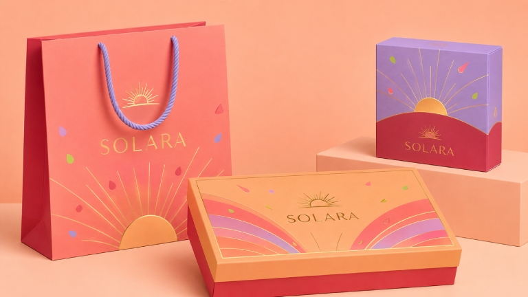 Coordinated holiday gift packaging with two printed rigid boxes and matching paper shopping bag